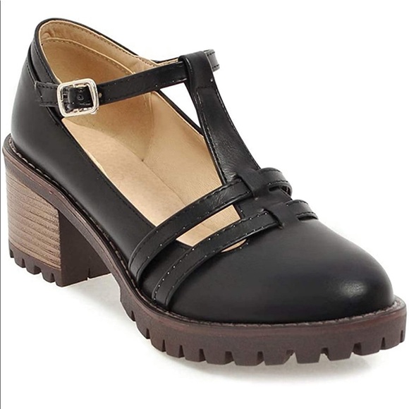 NEW XBAO Black T-Strap Ankle Mary Jane Platform Oxford Block Heel Chunky Heels - Picture 2 of 6
